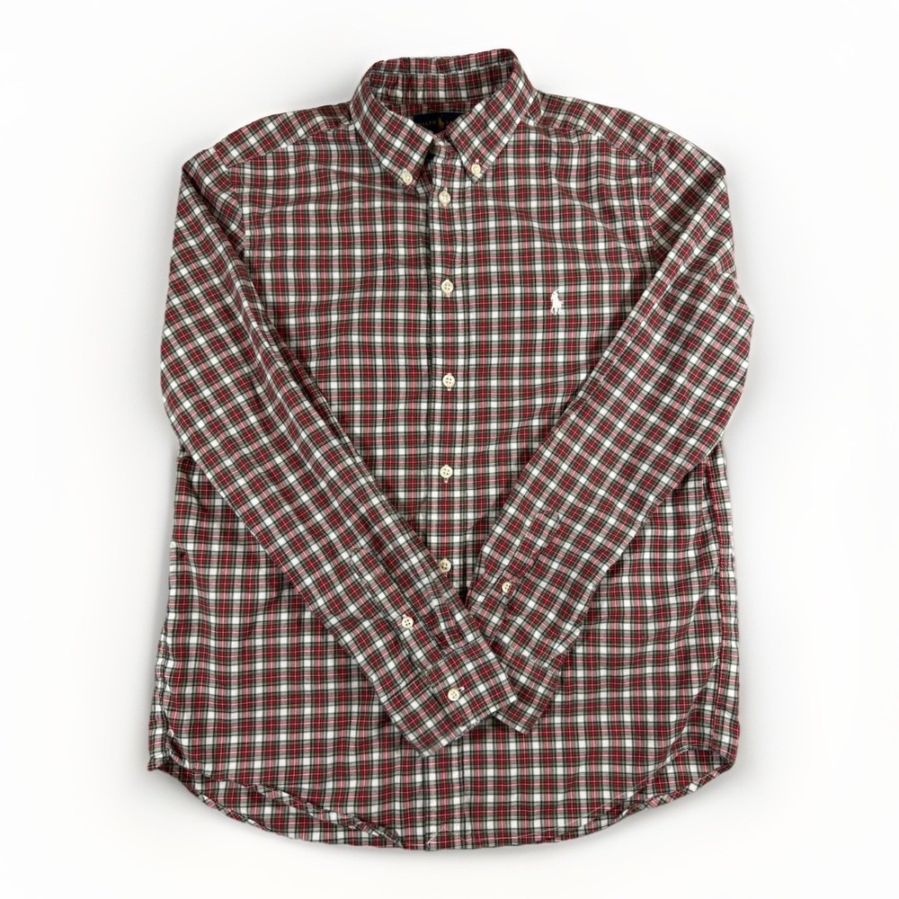 Ralph Lauren Boys L/G (14–16) Plaid Button-Down Shirt – Red/Green – 100% Cotton